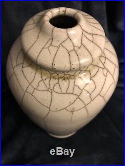 MCM Raku Studio Art Pottery Stoneware Crackle Vase Urn Lamp Base 12 Signed