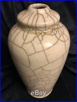 MCM Raku Studio Art Pottery Stoneware Crackle Vase Urn Lamp Base 12 Signed