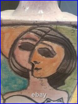 MCM Vintage Linda Mielke Cubist 1960's Raku Signed Face Vase Bottle Art Pottery