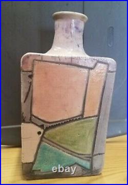 MCM Vintage Linda Mielke Cubist 1960's Raku Signed Face Vase Bottle Art Pottery