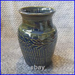 Mark Huff Studio Pottery Carved Stoneware Vase 2017 MCH Atlanta Glossy Blue
