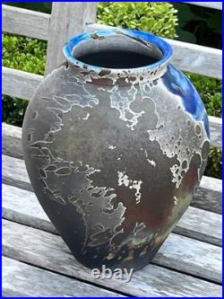Martin Everson Davis Raku Vase Welsh Artist Signed MED 24cm Abstract Studio Pot