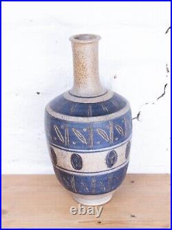 Mid Century Retro Blue & Cream Studio Pottery Signed Bottle Neck Vase