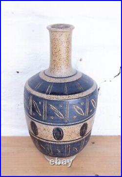 Mid Century Retro Blue & Cream Studio Pottery Signed Bottle Neck Vase
