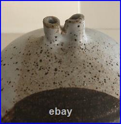 Mid Century Stoneware Pottery Weed Pot Brown Speckled Glaze Signed Firak -Millie
