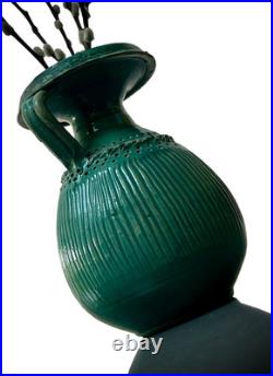 Mid Century Studio Pottery Vase Green Glaze Ribbed Scandinavian Style 24cm
