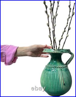 Mid Century Studio Pottery Vase Green Glaze Ribbed Scandinavian Style 24cm