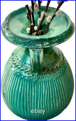 Mid Century Studio Pottery Vase Green Glaze Ribbed Scandinavian Style 24cm