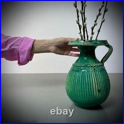 Mid Century Studio Pottery Vase Green Glaze Ribbed Scandinavian Style 24cm