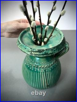 Mid Century Studio Pottery Vase Green Glaze Ribbed Scandinavian Style 24cm