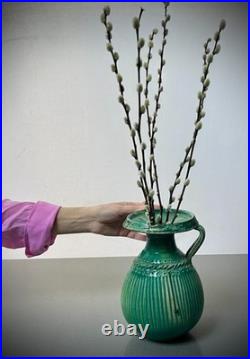 Mid Century Studio Pottery Vase Green Glaze Ribbed Scandinavian Style 24cm