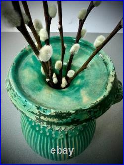 Mid Century Studio Pottery Vase Green Glaze Ribbed Scandinavian Style 24cm