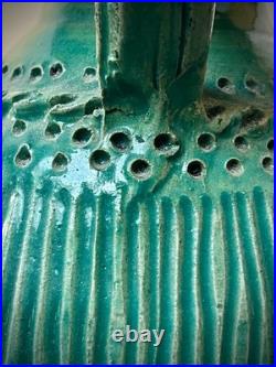 Mid Century Studio Pottery Vase Green Glaze Ribbed Scandinavian Style 24cm