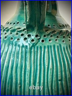 Mid Century Studio Pottery Vase Green Glaze Ribbed Scandinavian Style 24cm