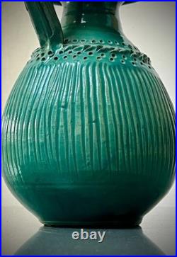 Mid Century Studio Pottery Vase Green Glaze Ribbed Scandinavian Style 24cm