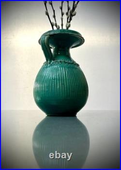 Mid Century Studio Pottery Vase Green Glaze Ribbed Scandinavian Style 24cm