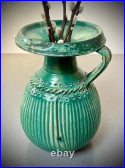 Mid Century Studio Pottery Vase Green Glaze Ribbed Scandinavian Style 24cm