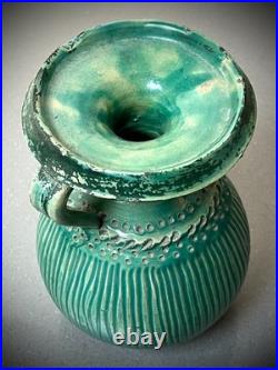 Mid Century Studio Pottery Vase Green Glaze Ribbed Scandinavian Style 24cm