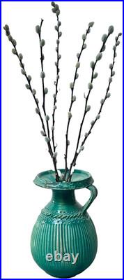 Mid Century Studio Pottery Vase Green Glaze Ribbed Scandinavian Style 24cm