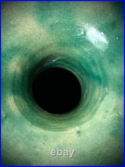 Mid Century Studio Pottery Vase Green Glaze Ribbed Scandinavian Style 24cm