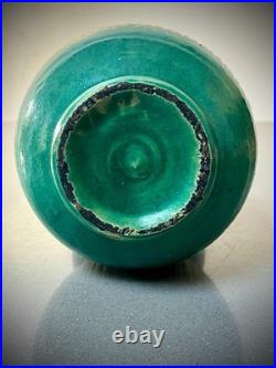 Mid Century Studio Pottery Vase Green Glaze Ribbed Scandinavian Style 24cm