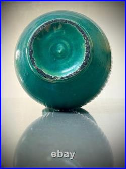 Mid Century Studio Pottery Vase Green Glaze Ribbed Scandinavian Style 24cm