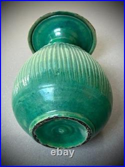 Mid Century Studio Pottery Vase Green Glaze Ribbed Scandinavian Style 24cm