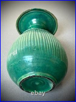 Mid Century Studio Pottery Vase Green Glaze Ribbed Scandinavian Style 24cm