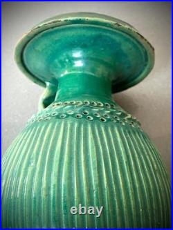Mid Century Studio Pottery Vase Green Glaze Ribbed Scandinavian Style 24cm