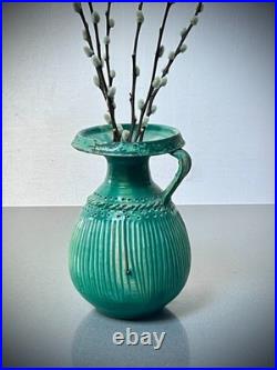 Mid Century Studio Pottery Vase Green Glaze Ribbed Scandinavian Style 24cm