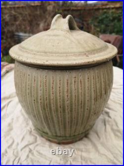 Mike Birch Stoneware Lidded Vase Incised Fluting. Ash Glazed
