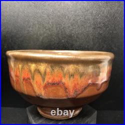 Mike Dodd studio Pottery Chawan Running bronze glaze over brown 14cm diam #2654