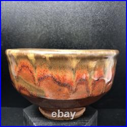Mike Dodd studio Pottery Chawan Running bronze glaze over brown 14cm diam #2654