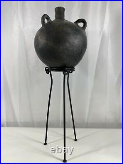 Modernist Raku Spherical Pottery Vessel Exaggerated Iron Stand 9Hx 7.5x22