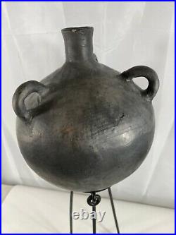 Modernist Raku Spherical Pottery Vessel Exaggerated Iron Stand 9Hx 7.5x22