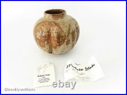 Modernist Studio Art Pottery Squat Scalloped Brown Vase by Makoto Yabe