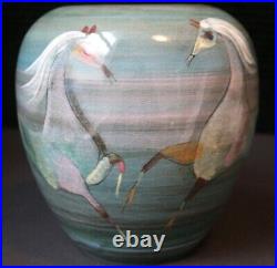 Original Polia Pillin Vase Pot, Three Pastel Horses, Signed, 61/2 Tall, 6 Wide