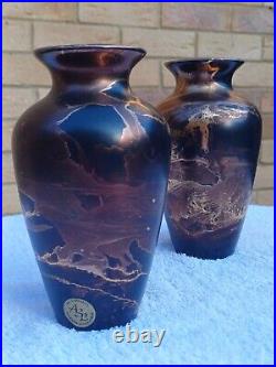 Pair Of Tony Laverick Vases With Black, Gold & Copper Tones And Patterns Pair Of Tony Laverick Vases With Black, Gold & Copper Tones And Patterns
