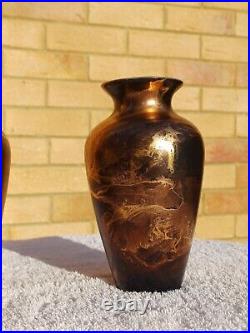Pair Of Tony Laverick Vases With Black, Gold & Copper Tones And Patterns Pair Of Tony Laverick Vases With Black, Gold & Copper Tones And Patterns