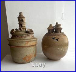 Pair Studio Art Pottery Ceramic Lidded Vases Brown/Beige Signed PH Mark