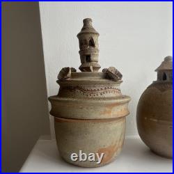 Pair Studio Art Pottery Ceramic Lidded Vases Brown/Beige Signed PH Mark