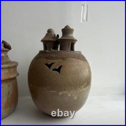 Pair Studio Art Pottery Ceramic Lidded Vases Brown/Beige Signed PH Mark
