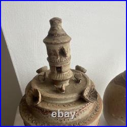 Pair Studio Art Pottery Ceramic Lidded Vases Brown/Beige Signed PH Mark