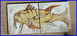 Pair of vintage studio pottery tiles with fossil fish decoration 6 Hensman