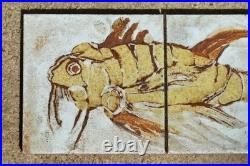 Pair of vintage studio pottery tiles with fossil fish decoration 6 Hensman
