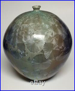 Phil Morgan Pottery Crystalline Blue and Gold Round Vase 7.75 Signed