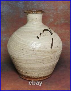 Phil Rogers Studio Pottery Ash and Hakame Glaze Vase Tenmoku Brush Decoration