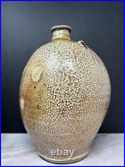 Phil Rogers salt-glaze bottle vase with poured glaze neck & seashell marks #475