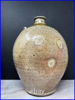 Phil Rogers salt-glaze bottle vase with poured glaze neck & seashell marks #475