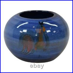 Pillin Studio Pottery Blue Art Deco Hand Painted Woman Two Roosters Cabinet Bowl